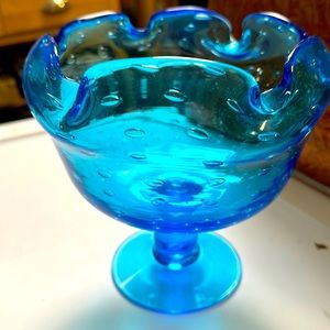 MCM Bischoff Blue Art Glass Compote Pedestal Bowl, Controlled Bubble Bullicante